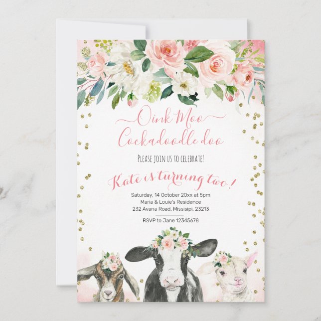 Oink Moo Cockadoodle Doo Girl Convite de Aniversár (Frente)