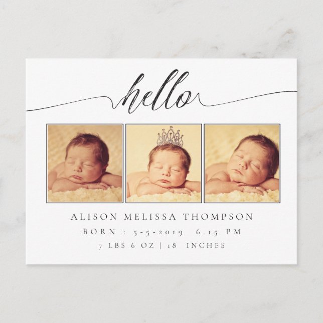 Olá Bebê Anúncio de Nascimento 3 Cartão Postal (Frente)