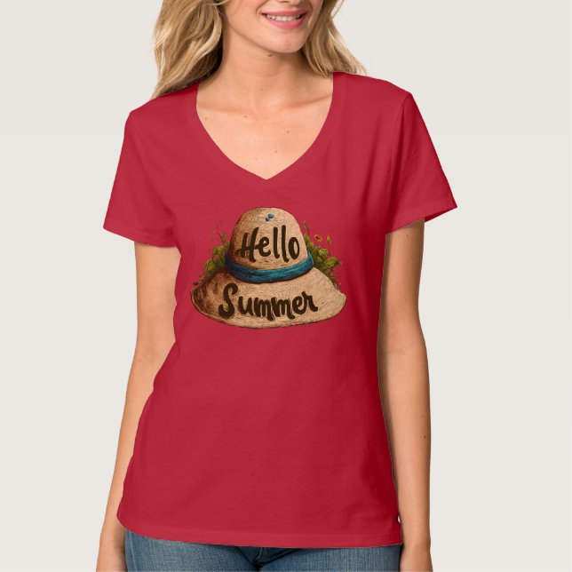 Olá Camiseta de Capa com Chapéu de Praia de Verão  (Frente)