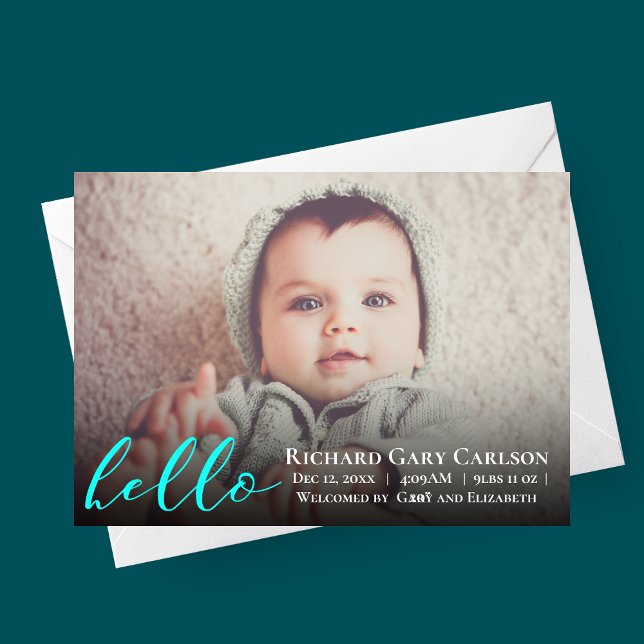 Olá, Foto do Anúncio de Nascimento do Bebê (bright blue hello baby, photo birth announcement card)