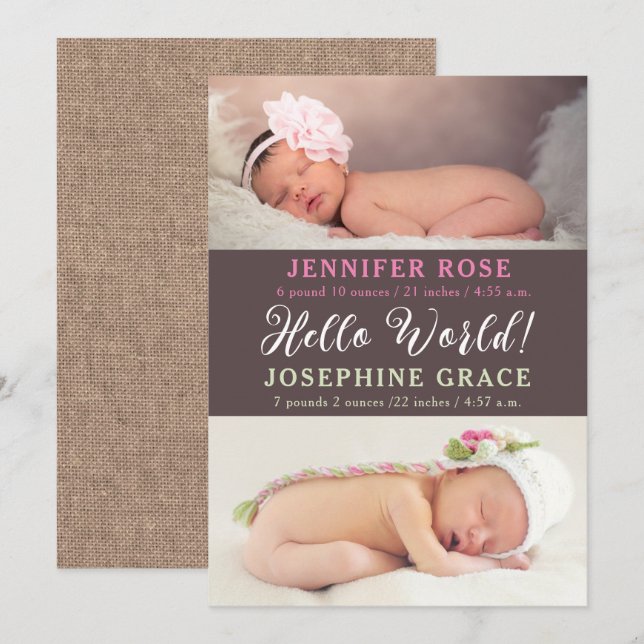 Olá Mundo! Anúncio de nascimento de gêmeos de foto (Frente/Verso)