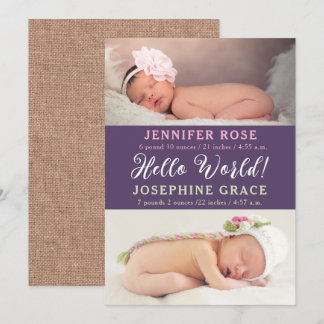 Olá Mundo! Anúncio de nascimento de gêmeos de foto