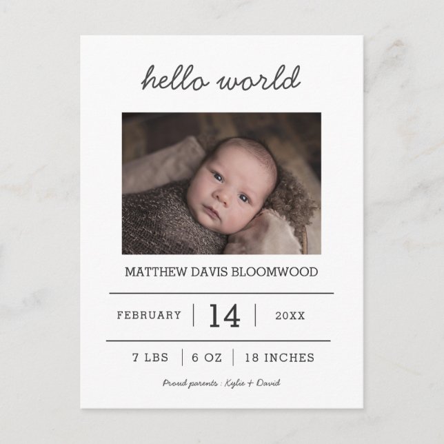 Olá Mundo | Anúncio de nascimento Foto de recém-na (Frente)