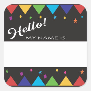 Olá nomes de etiqueta festivo e colorido