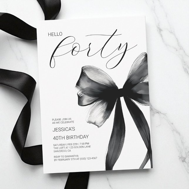 Olá Quarenta Elegante Convite de Aniversário de 40 (Hello Forty Elegant Script Bow 40th Birthday Party Invitation)