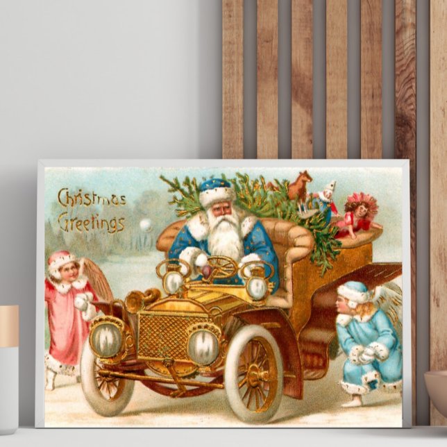 Old-Fashioned Santa Sleigh & Angels Holiday Poster (Criador carregado)