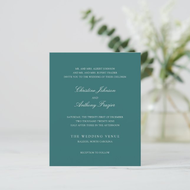 Old Money Teal Classic Wedding Invite (Em pé/Frente)