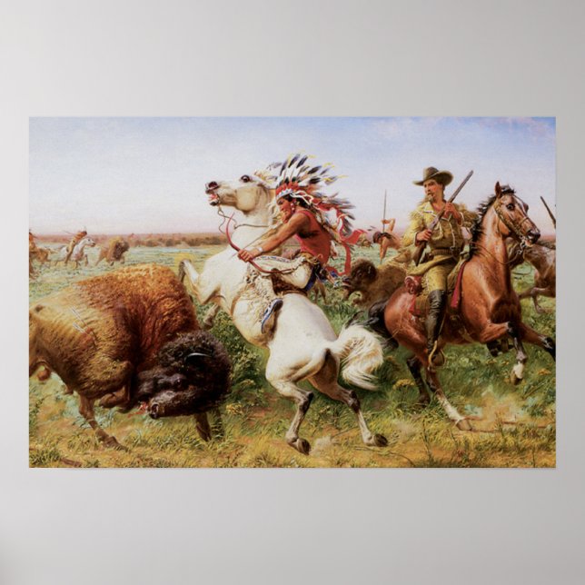 Old West Buffalo Hunt 1885 Art Impressão (Frente)