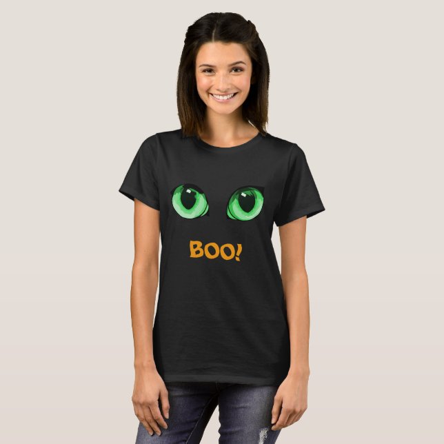 Olhos Verdes do Halloween e BOO! T-Shirt Engraçado (Frente Completa)
