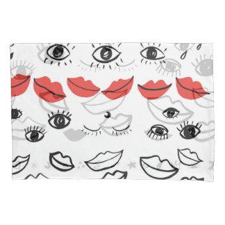 Olhos vítreos, padrão de lábios vermelhos.