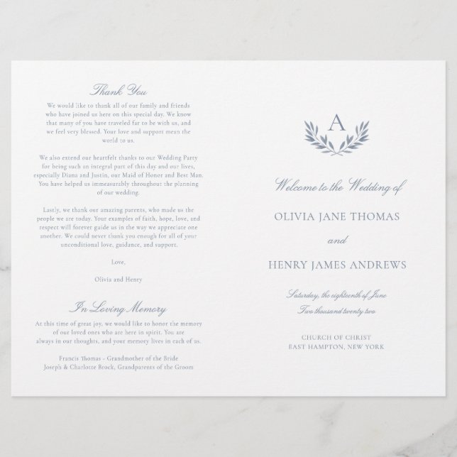 Olivia Elegant Dusty Blue Dobded Wedding Program (Frente)