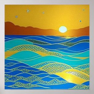 Ondas Detalhadas Durante um Poster de Sunset Laran