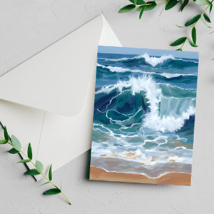 Ondas do Oceano Batendo Carta em Aquarela Azul Cos