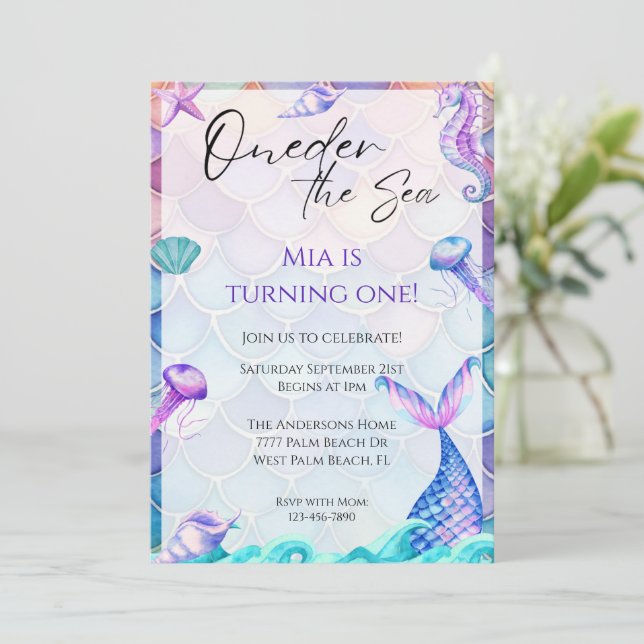Oneder Sea 1rua Sereia Convite Aniversário (Em pé/Frente)