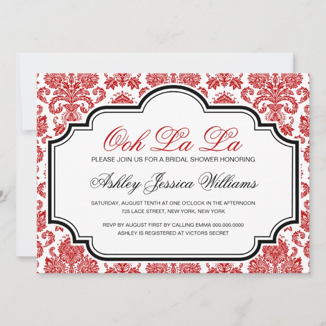 Ooh La La Red Damask Convites de chá de panela (Frente)