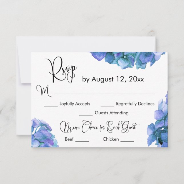 Opção de Menu de Caligrafia com RSVP de Hortênsia  (Frente)