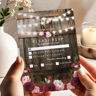 Opção de RSVP de Menu de Noiva Floral Burgundy Rús