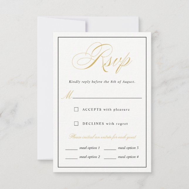 Opções de refeição RSVP de Script Dourado Elegante (Frente)