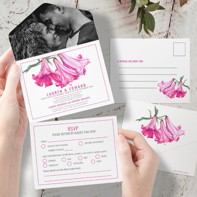 Opções de RSVP para casamento cor-de-rosa com arte (Criador carregado)