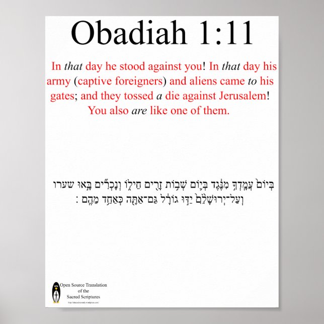 Open Source Translation Obadiah 1:11 Poster (Frente)