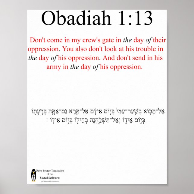 Open Source Translation Obadiah 1:13 Poster (Frente)