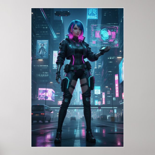 Operadora Neon Cyberpunk – Poster de Cidade Futuri (Frente)