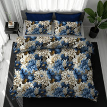 Opulent Blue Ivory Floral Duvet Cover Luxury Home