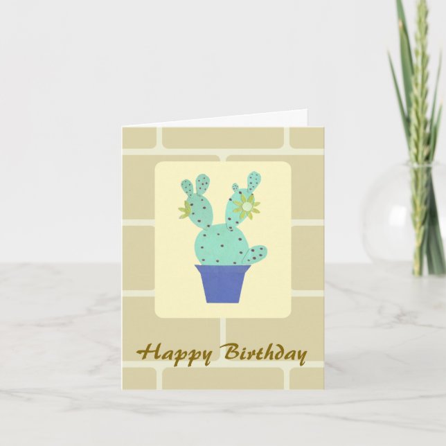 Opuntia Cactus e Wall Bricks Cartão de Aniversário (Frente)