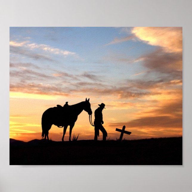 Oração De Cowboy Silhoule Com Poster Sunset (Frente)