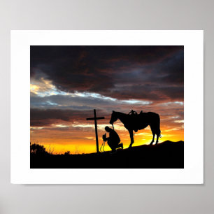 Oração De Cowboy Silhoule Com Poster Sunset