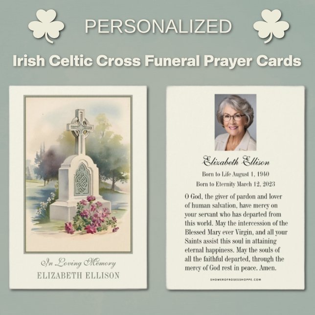 Oração Memorial Crucial da Cruz Celular Irlandesa (Traditional Catholic Irish Celtic Cross with Roses Funeral Memorial Prayer Cards)
