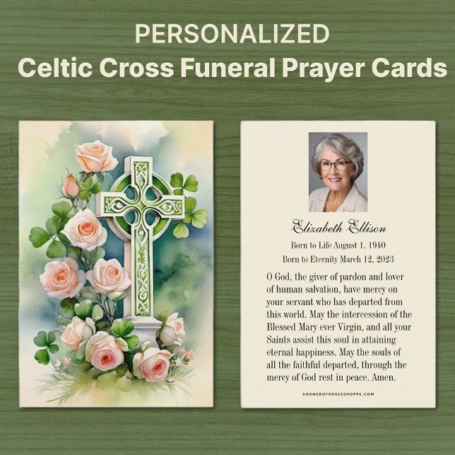Oração Memorial da Cruz Celular Católica (Irish Celtic Cross with Peach Roses Catholic Funeral Memorial Prayer Cards)
