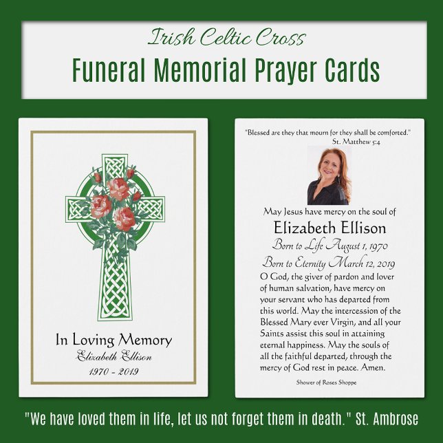 Oração Memorial do Funeral Crucial Verde Celta (irish Celtic Cross Memorial Prayer Cards)