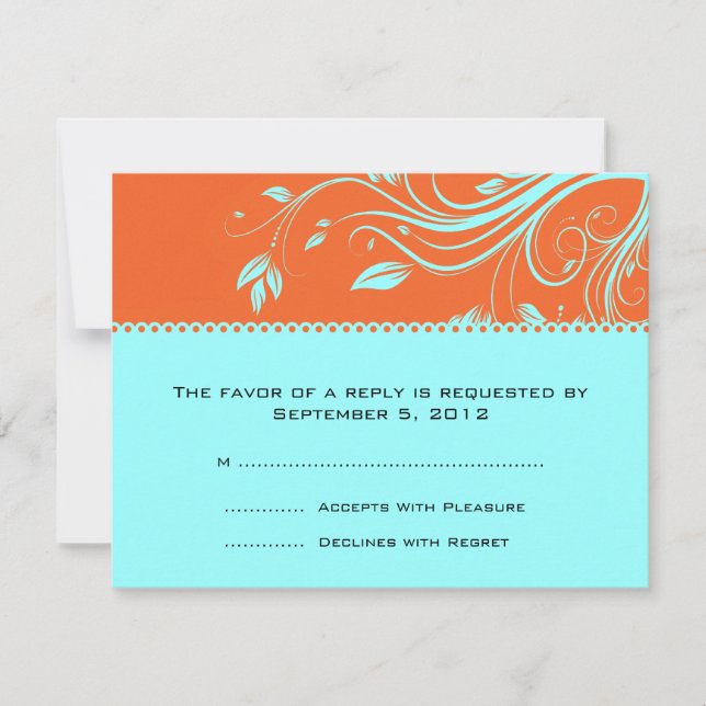 Orange and Teal Floral Swirls Wedding RSVP (Frente)