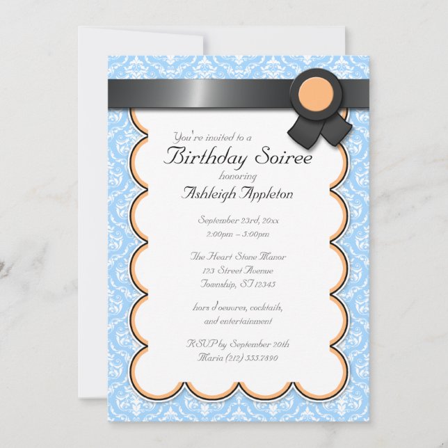 Orange & Blue Damask Birthday - Convites à Interne (Frente)