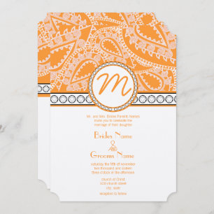 Orange Coral Monograma Paisley Casamento Convite