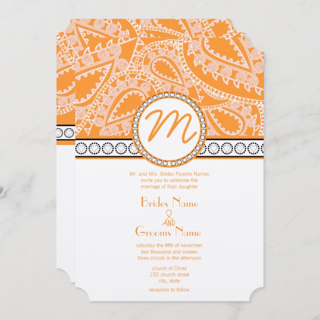 Orange Coral Monograma Paisley Casamento Convite (Frente/Verso)