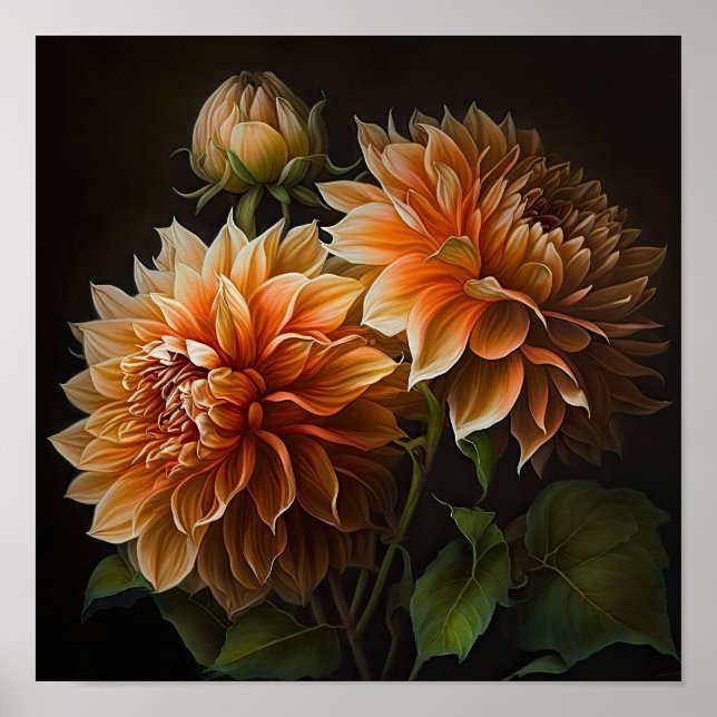 Orange Dahlias Flower Art Impressão Poster (Frente)