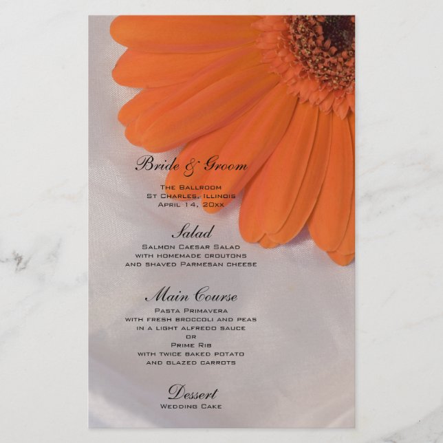Orange Daisy no White Satin Wedding Menu (Frente)