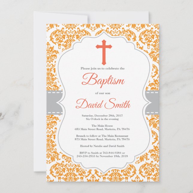 Orange Damask Cross Baptism Convite (Frente)