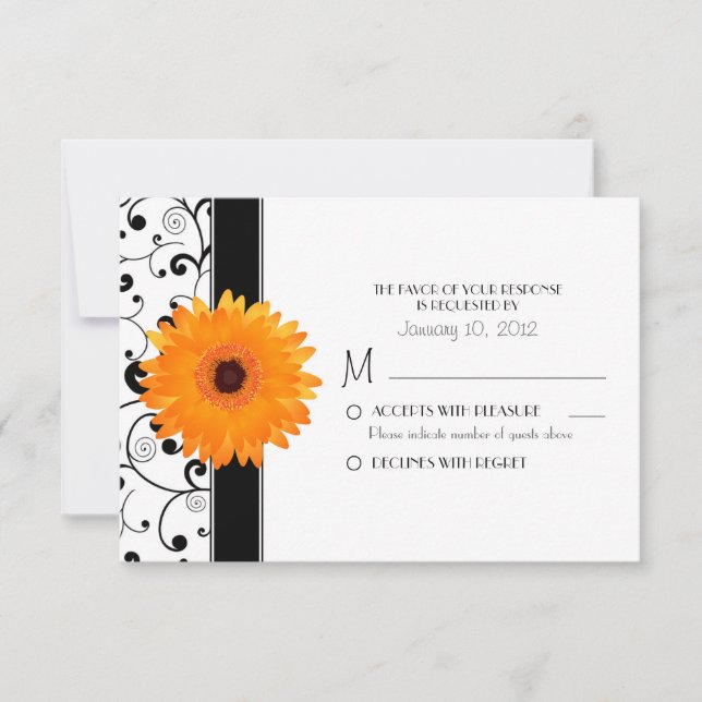 Orange Gerbera Daisy with Black Scroll Design RSVP (Frente)