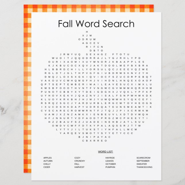 Orange Gingham Pumpkin Fall Word Search (Frente/Verso)