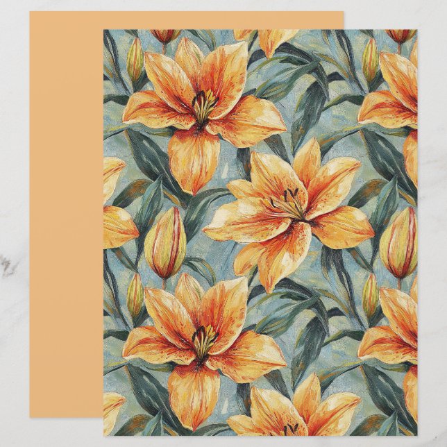 Orange Lily on Sage Green Scrapbook Paper (Frente/Verso)