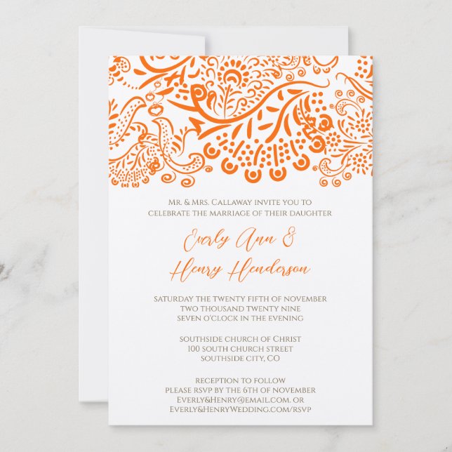 Orange Love Birds Convite Para Casamento (Frente)