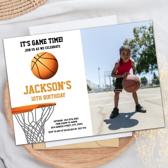 Orange Photo Basball Ball - Convites de Aniversári (Orange Photo Basketball Ball Birthday Invitations)