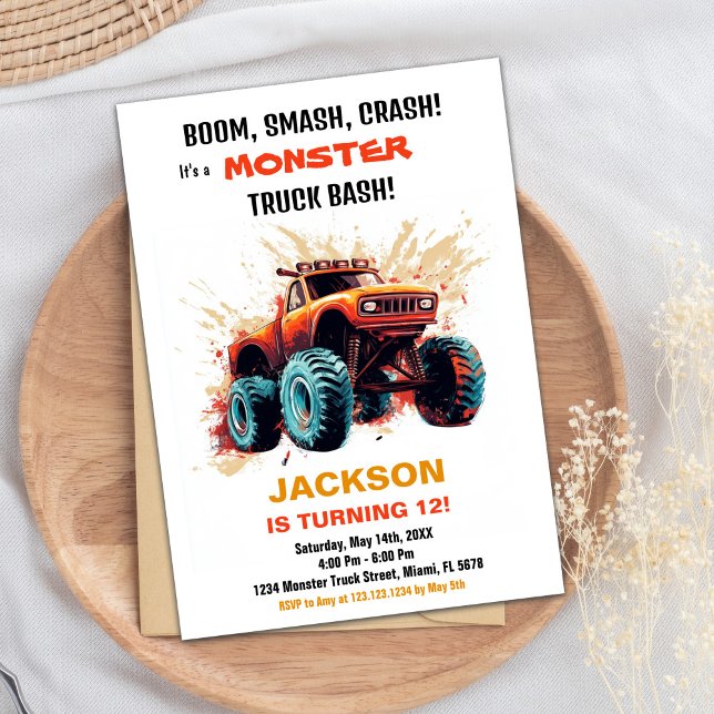 Orange Red Monster Truck Convite de Aniversário (Orange Red Monster Truck Birthday Invitations)