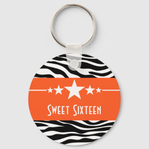 Orange Stars Zebra Print Sweet 16 Chaveiro