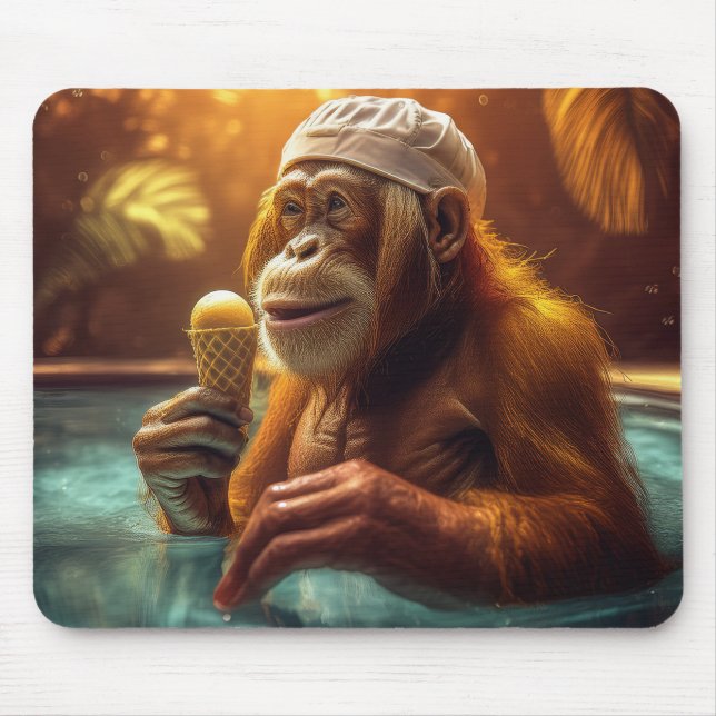 Orangutan Na Piscina Com Sorvete Cone Mousepad (Frente)
