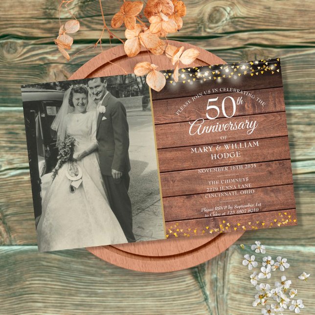 Orçamento 50º Aniversário do Convite Fotográfico R (Budget 50th Anniversary Rustic Photo Invitation)