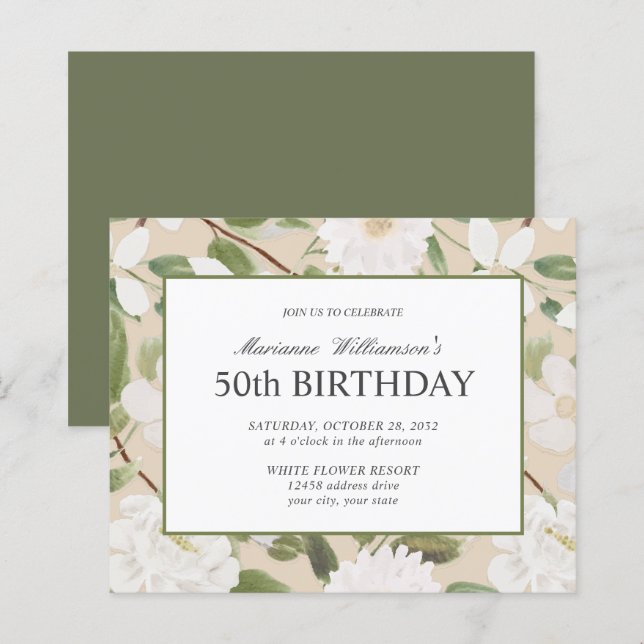 Orçamento 50º Aniversário Feminino Flores Brancas  (Frente/Verso)